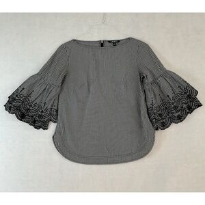 LRL Lauren Ralph Lauren Top Womens S Black White Gingham Bell Sleeves Embroidery